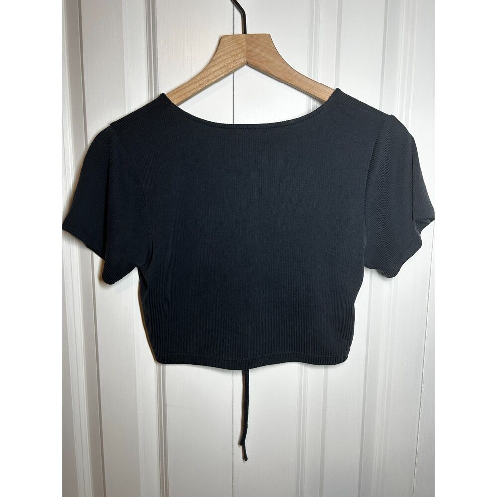 Wishful Thinking Black Ribbed Ruched Drawstring Crop Top V-Neck - Picture 2 of 5